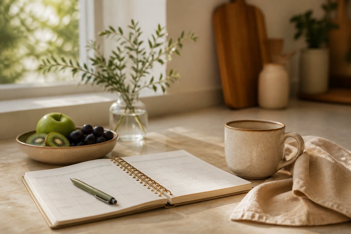 Mesa de café da manhã com frutas, planner e caneca, em luz natural