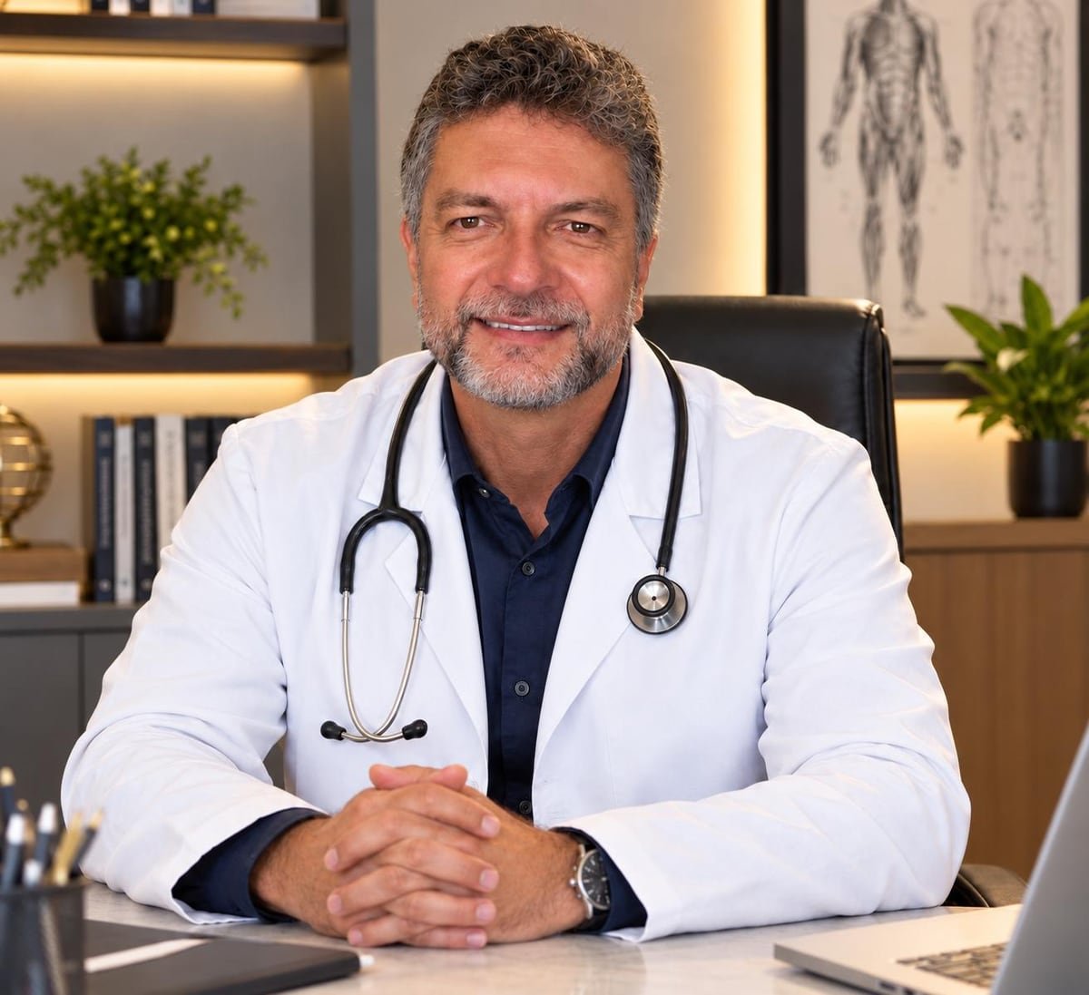 Dr. Mauricio Neiva de jaleco branco no consultório